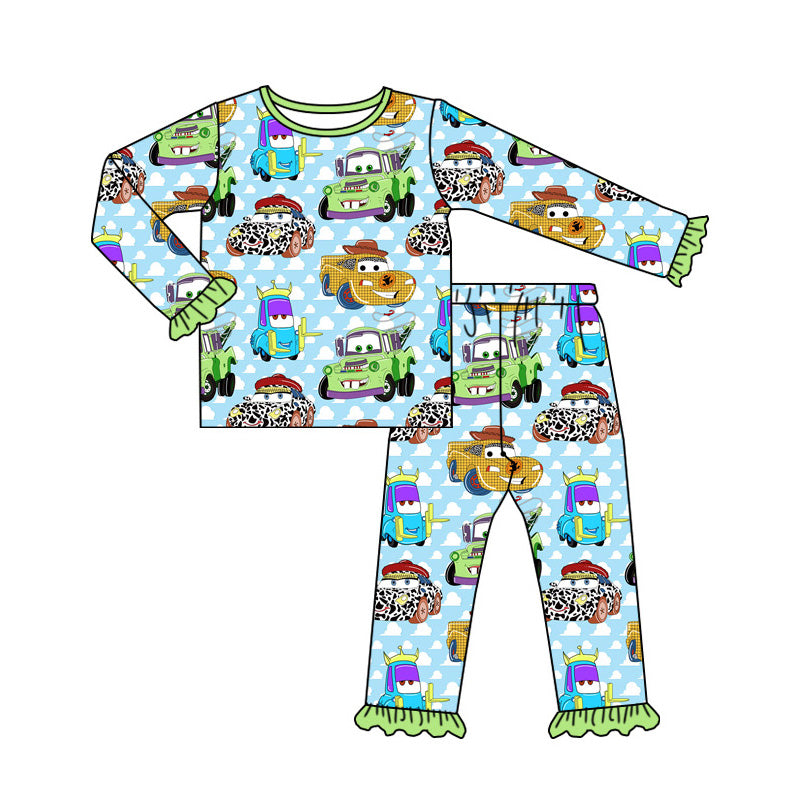 preorder GLP1724 Western cartoon car blue long sleeve pants girls pajamas