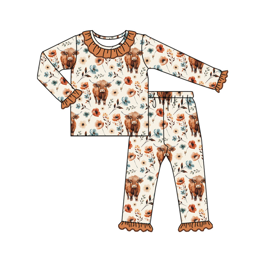 preorder GLP1725 highland cow flowers long sleeve pants brown girls set