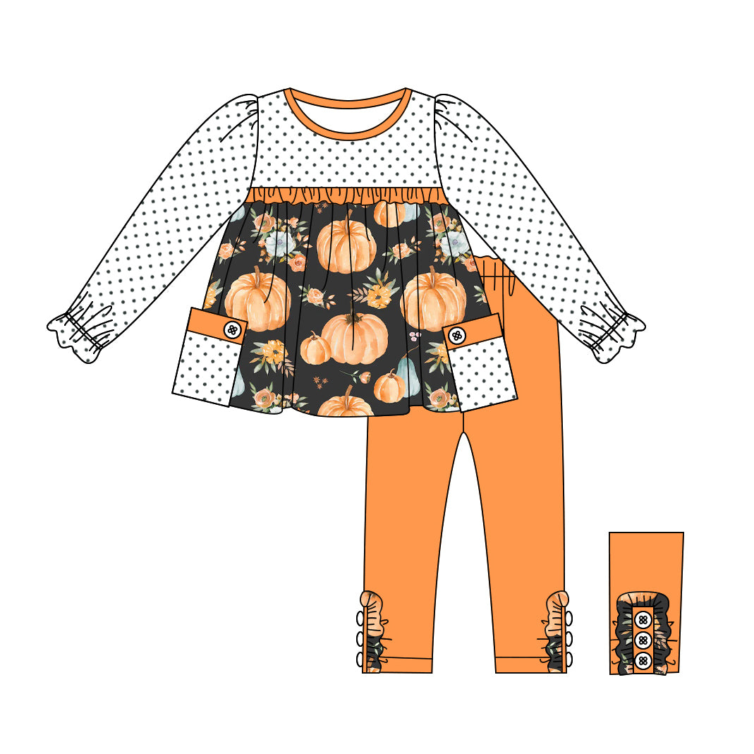 preorder GLP1755 pumpkin flowers pockets long sleeve orange pants girls set