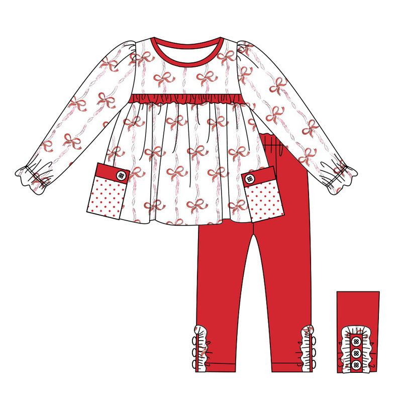 preorder GLP1761 red bows pockets long sleeve red pants girls set