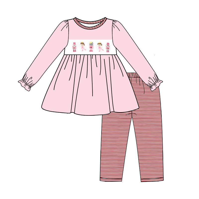 preorder GLP1763 Christmas cartoon soldier dance girl pink long sleeve red striped pants girls set