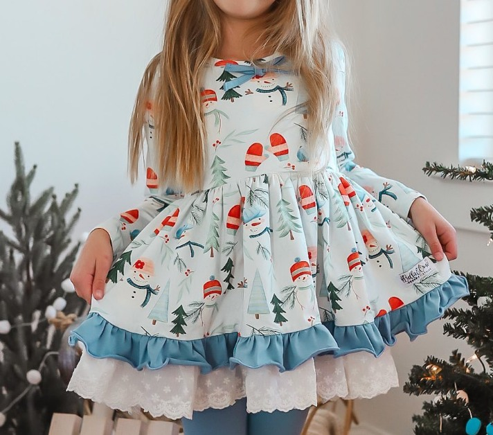 Preorder GLP1778 Christmas snowman tree blue long sleeve girls dress