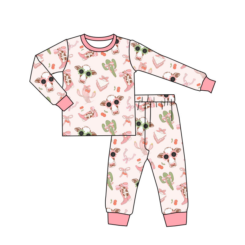 preorder GLP1791 Western boot cactus cow pink long sleeve pants girls pajamas