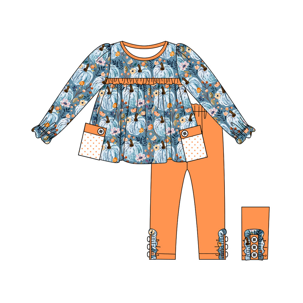 preorder GLP1802 blue pumpkin flowers pockets long sleeve orange pants girls set