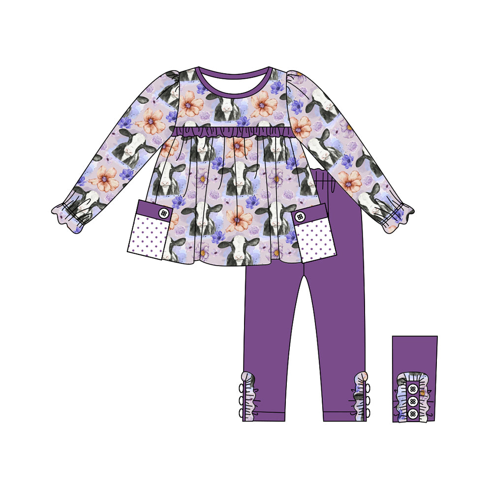 preorder GLP1803 cow orange flowers pockets long sleeve purple pants girls set