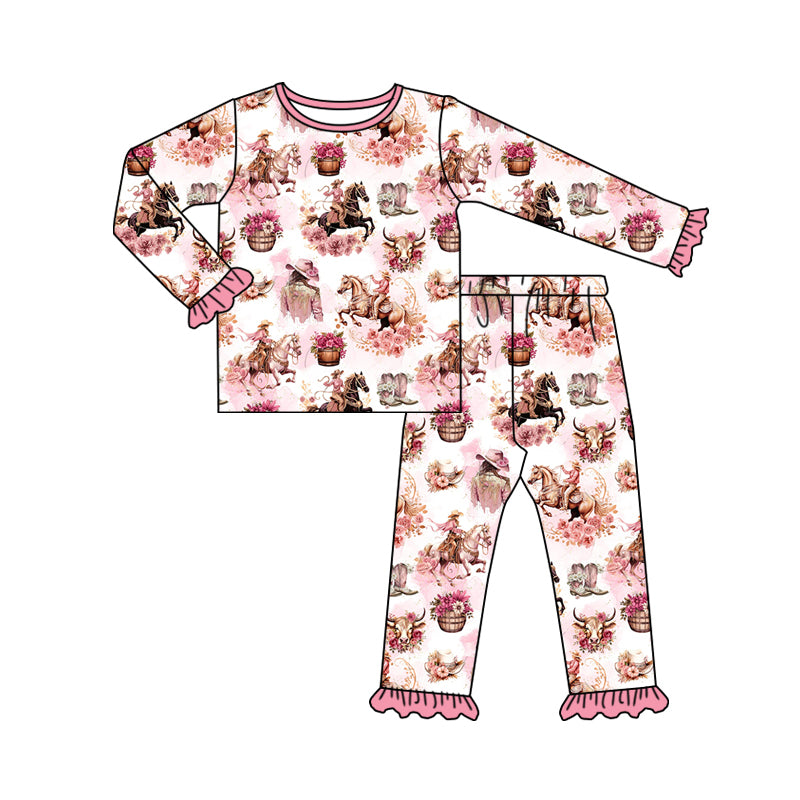 Preorder GLP1809 Western rodeo flowers pink long sleeve pants girls pajamas