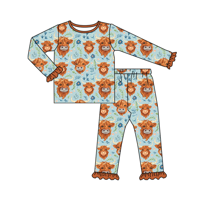 Preorder GLP1810 Western highland cow flowers long sleeve pants girls pajamas