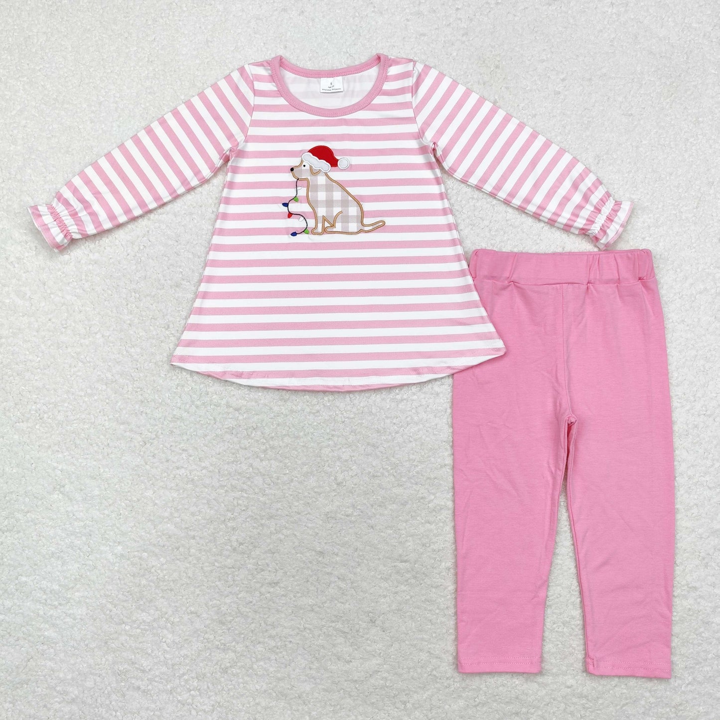 GLP1826 embroidery Christmas dog hat pink striped long sleeve pink pants girls set