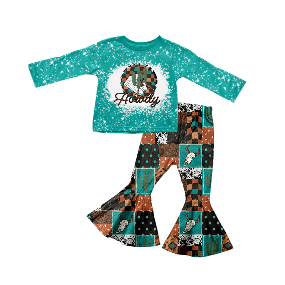 Preorder GLP1830 Western howdy cactus long sleeve cow checkered pants girls set