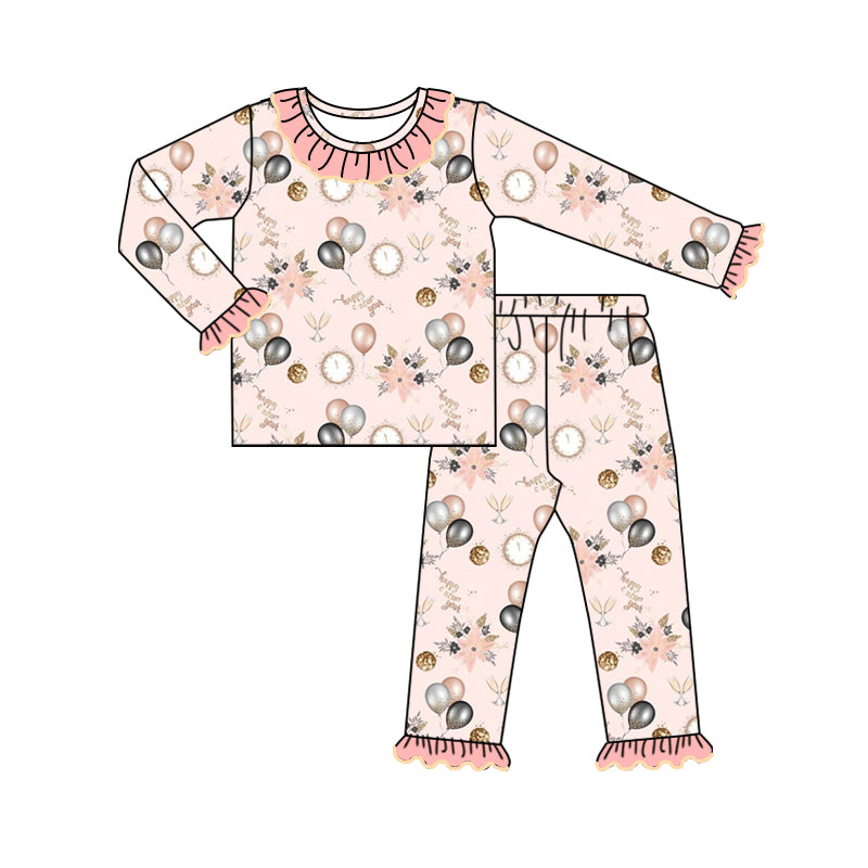 Preorder GLP1832 happy new year flowers balloon pink long sleeve pants girls pajamas