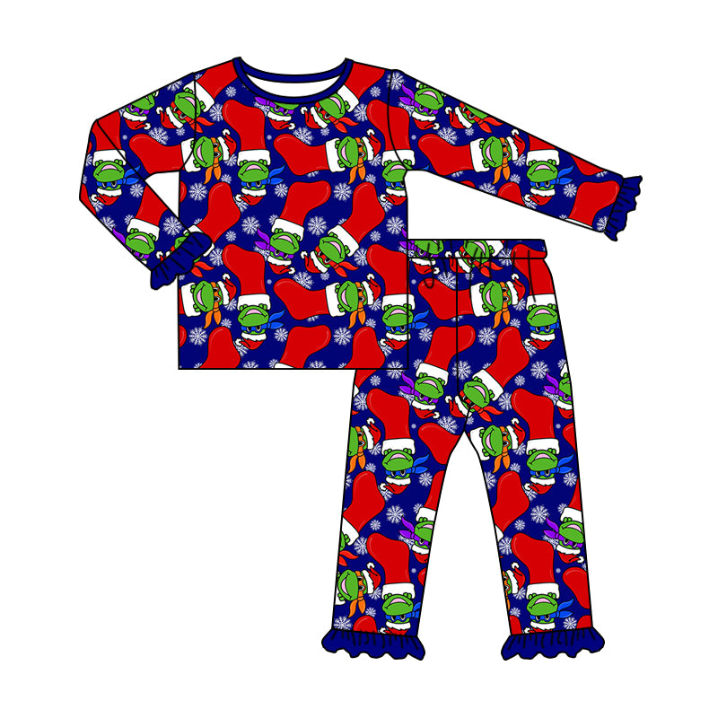 Preorder GLP1834 Christmas green face red socks navy blue long sleeve pants girls pajamas