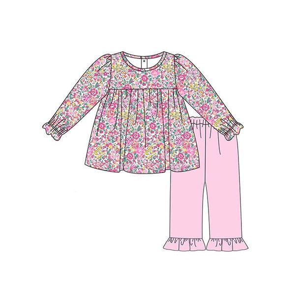 Preorder GLP1837 colorful flowers long sleeve pink pants girls set