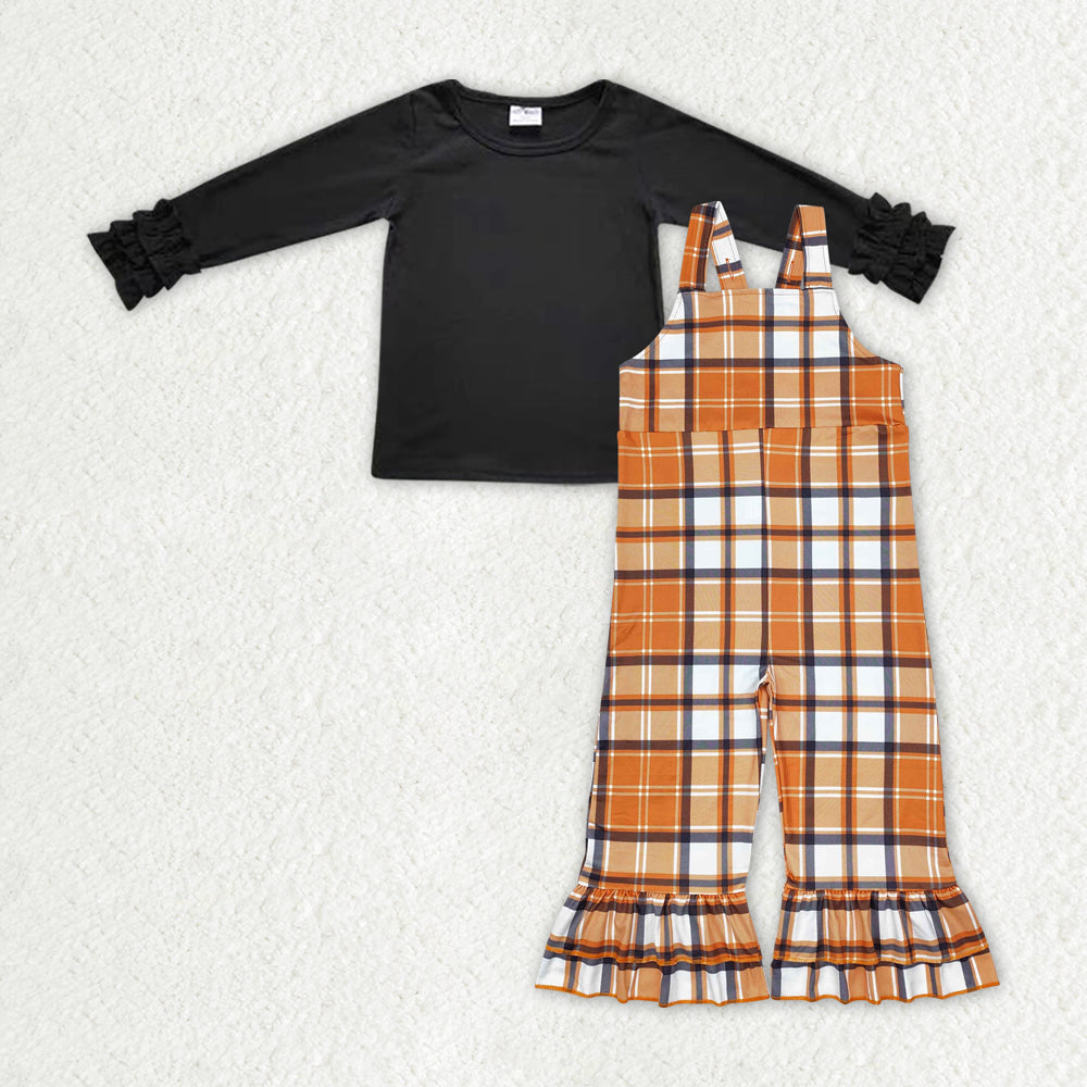 GLP1848 black long sleeve orange checkered jumpsuits girls set
