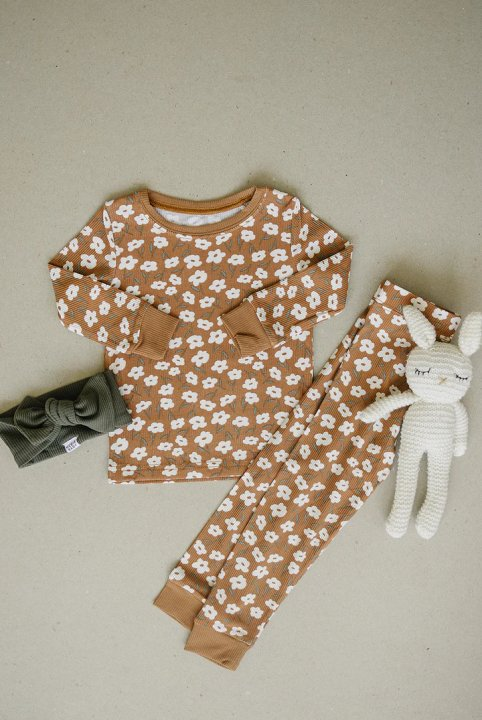 Preorder GLP1889 little white flowers khaki long sleeve pants girls pajamas