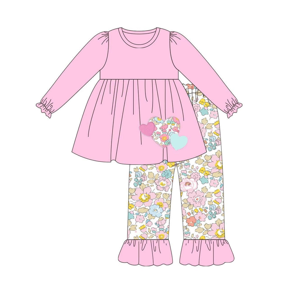 preorder GLP1920 cute heart hot pink long sleeve colorful flowers pants girls set