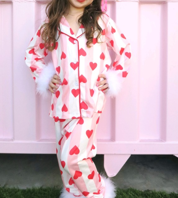 preorder GLP1921 red heart pink striped long sleeve pants girls pajamas