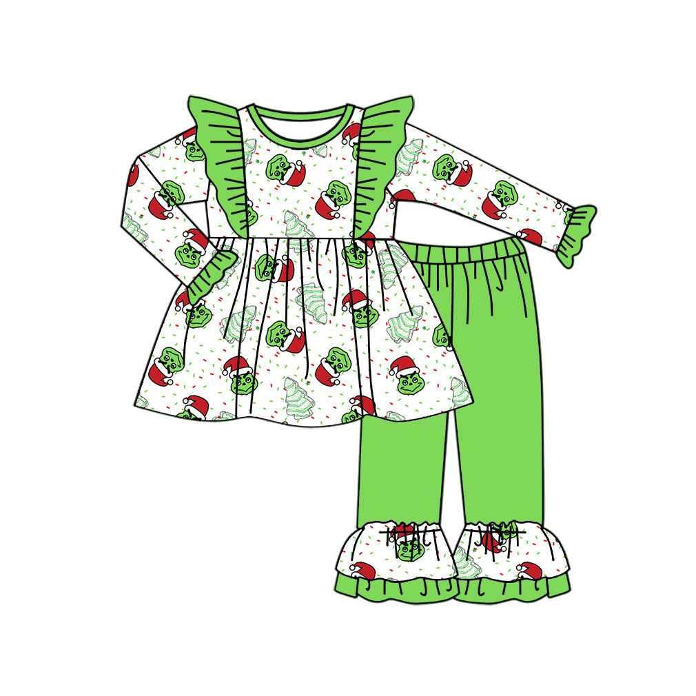 preorder GLP1933 Christmas green face long sleeve green pants girls set