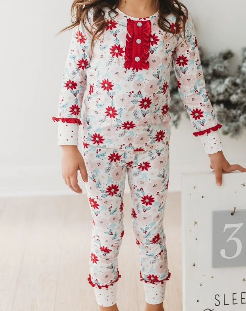 preorder GLP1936 Christmas red flowers holly berry long sleeve pants girls pajamas