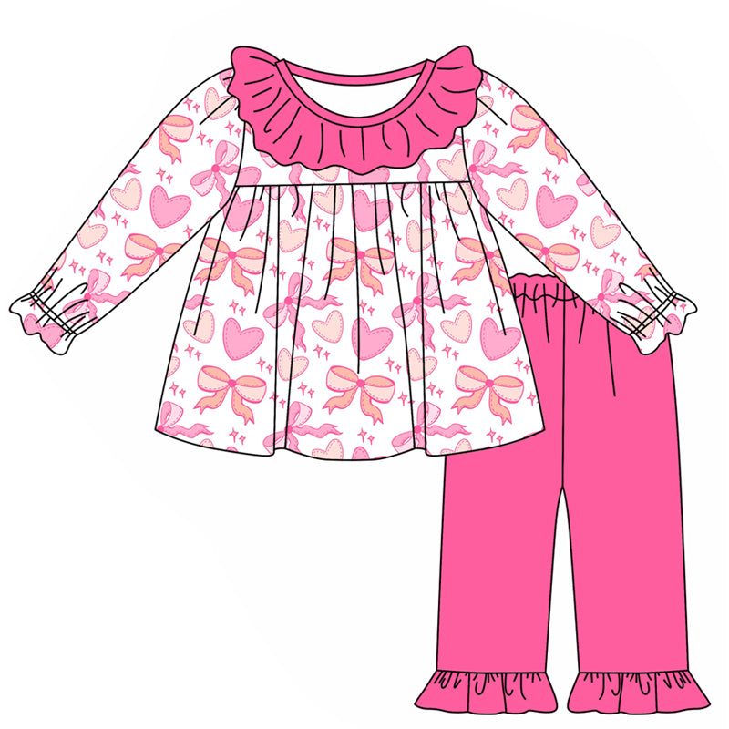 preorder GLP1942 pink heart bows long sleeve hot pink pants girls set toddle set