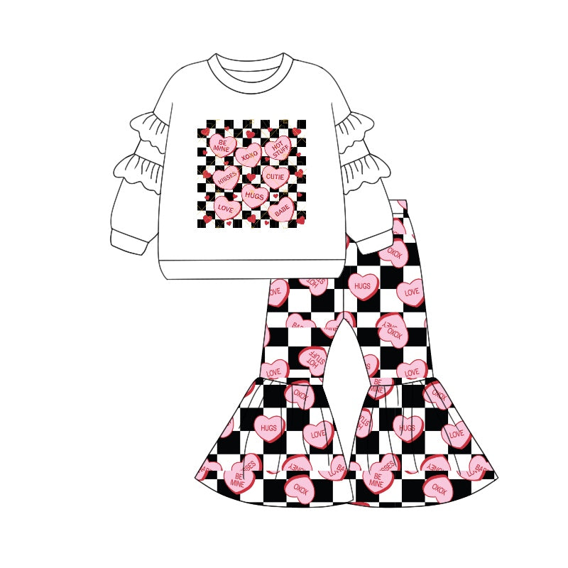 preorder GLP1954 Valentine Day heart white long sleeve black checkered heart pants girls set