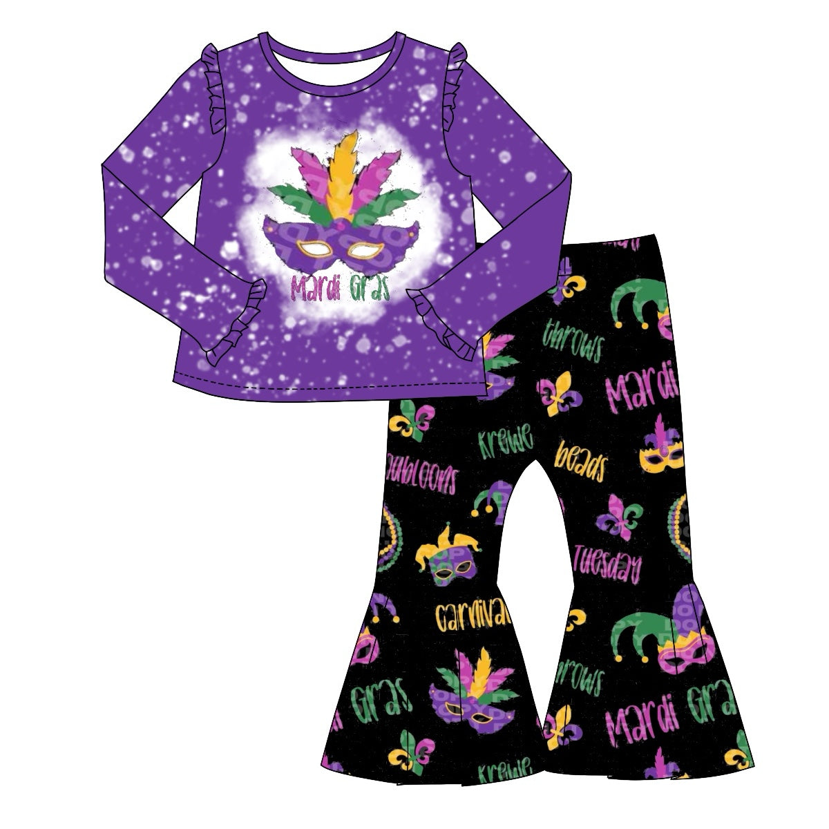 preorder GLP1992 Mardi Gras mask purple long sleeve black pants girls set