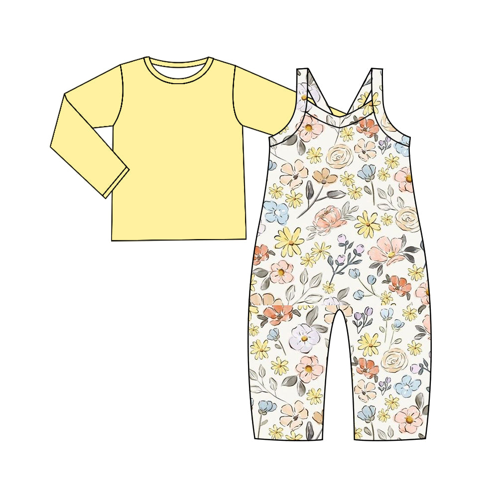 preorder GLP2007 yellow long sleeve colorful flowers pink sleeveless jumpsuits girls set