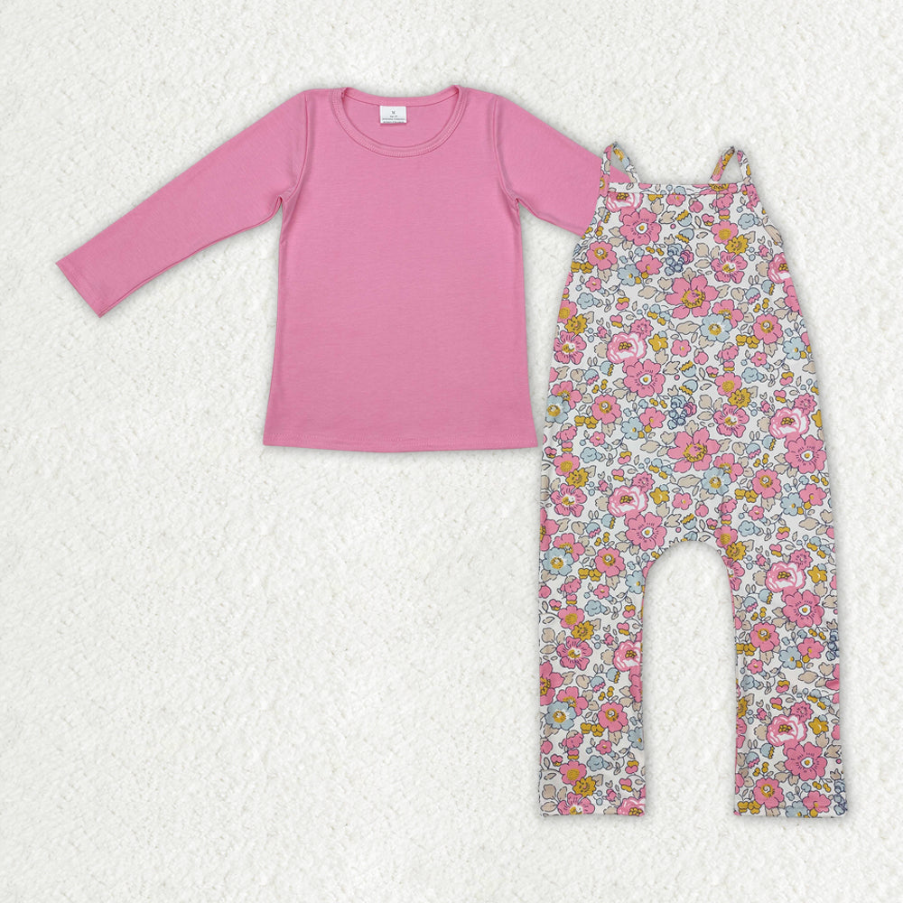 GLP2008 Hot Pink Cotton Long Sleeve Colorful Flowers Jumpsuits Girls Set