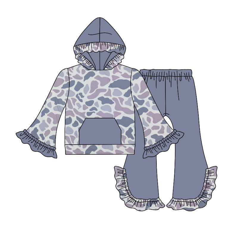 Preorder GLP2032 dark grey camo pocket long sleeve hoodie pants girls set
