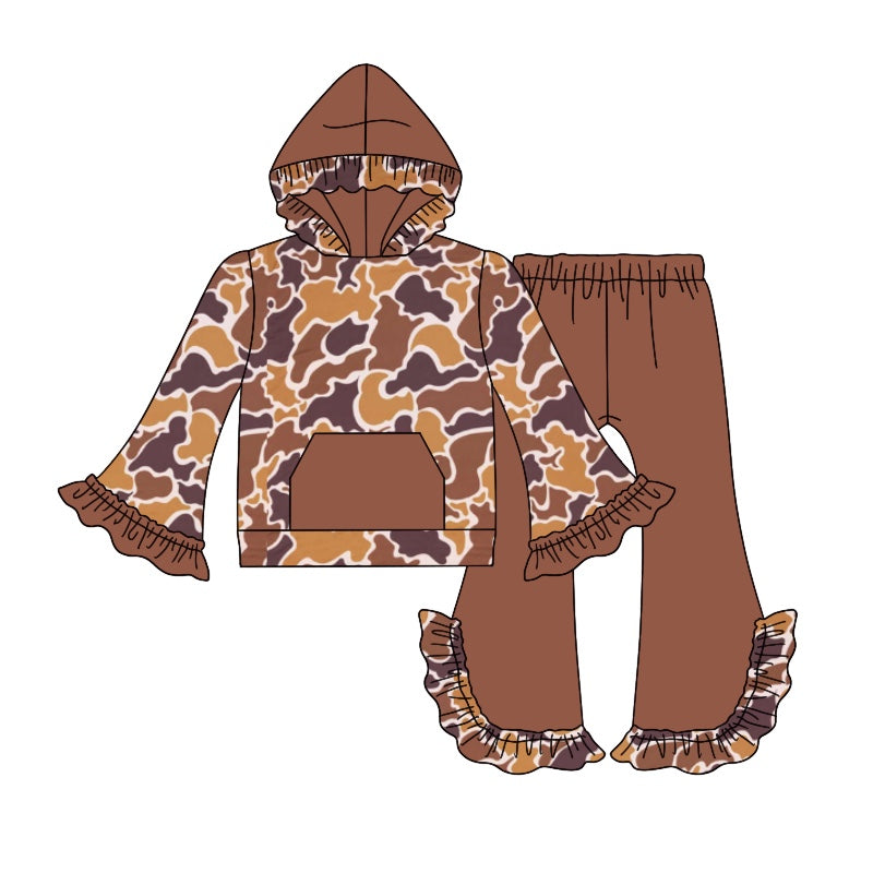 Preorder GLP2034 maroon camo pocket long sleeve hoodie pants girls set