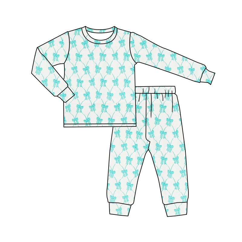 Preorder GLP2049 green cute bows long sleeve pants girls pajamas