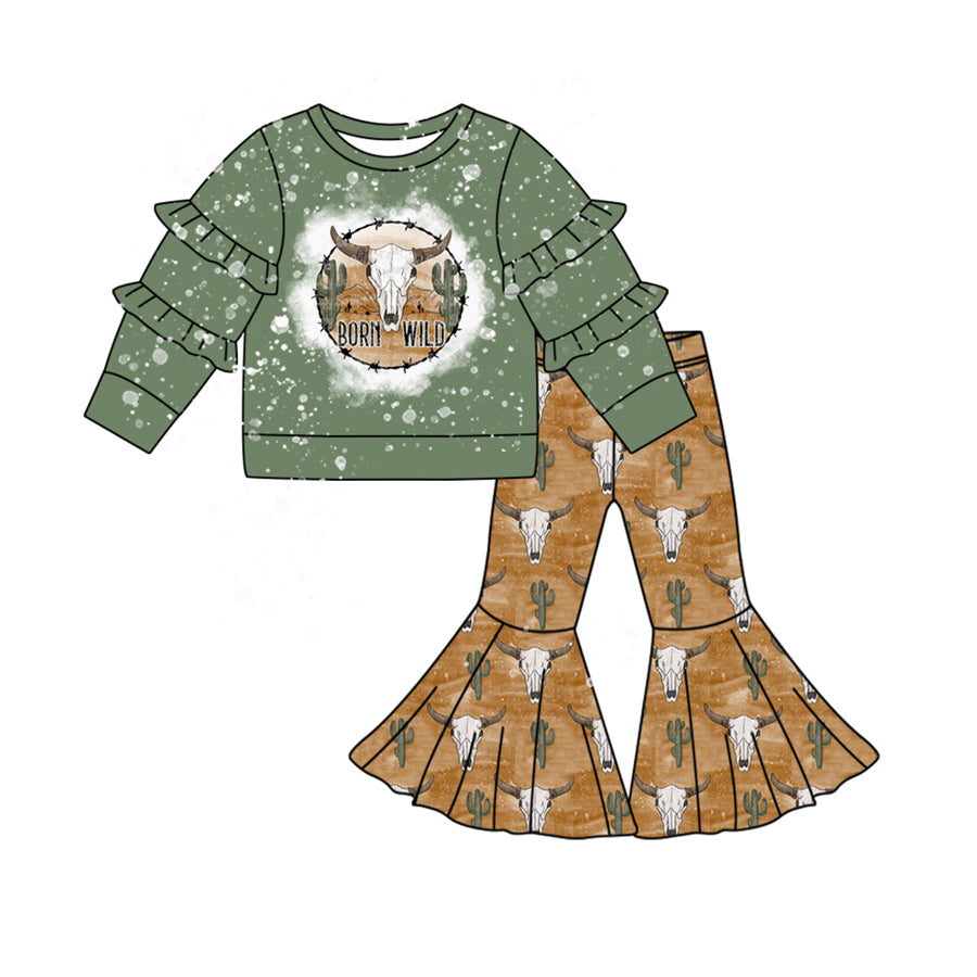 Preorder GLP2068 Western cow cactus brom wild green long sleeve brown pants girls set