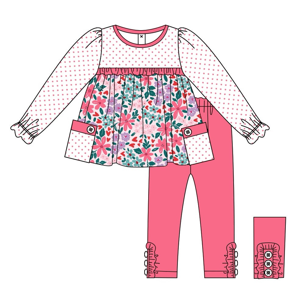 Preorder GLP2070 cute colorful flowers pockets dot long sleeve hot pink pants girls set