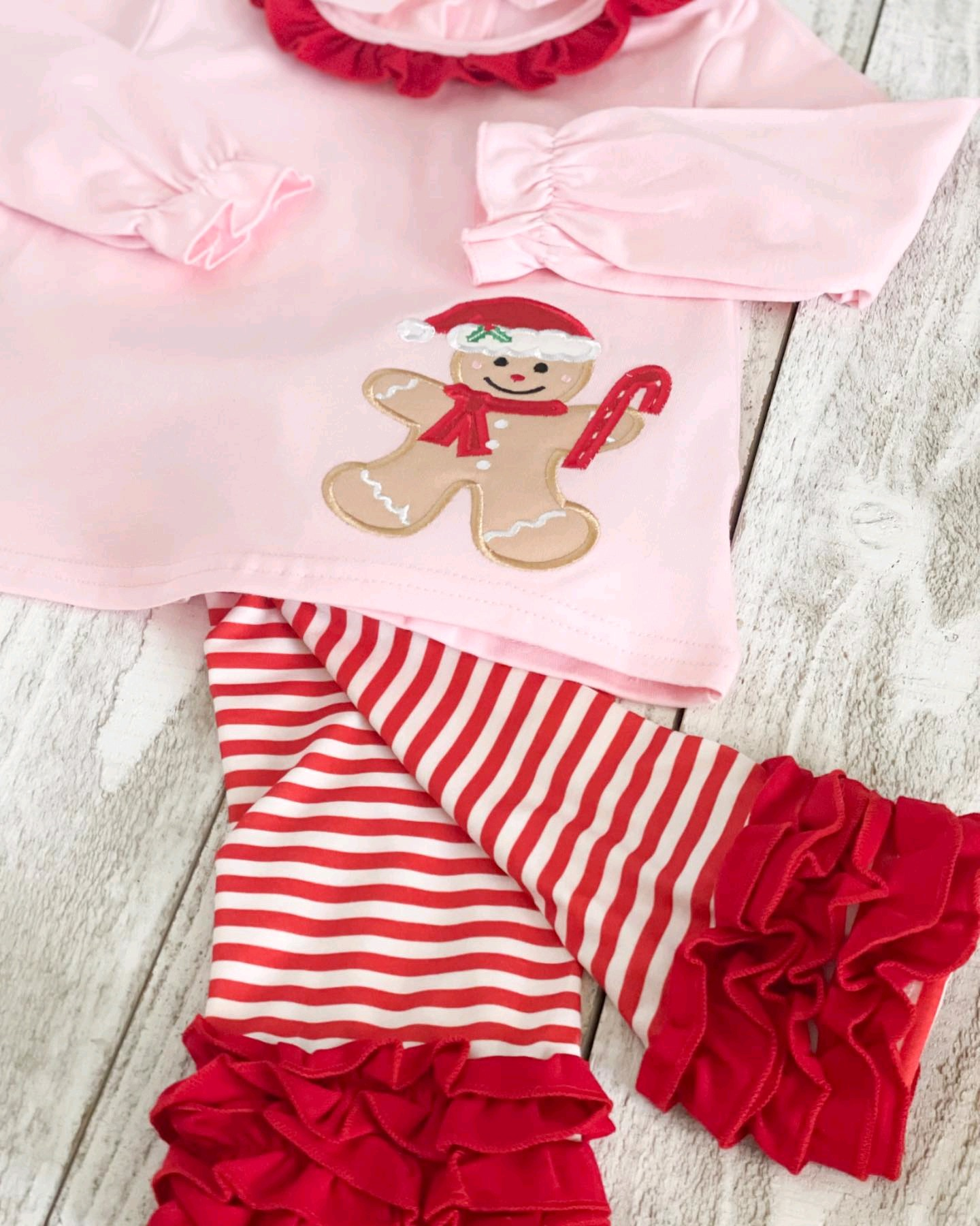 Preorder GLP2101 Christmas gingerbread man pink long sleeve red striped pants girls set