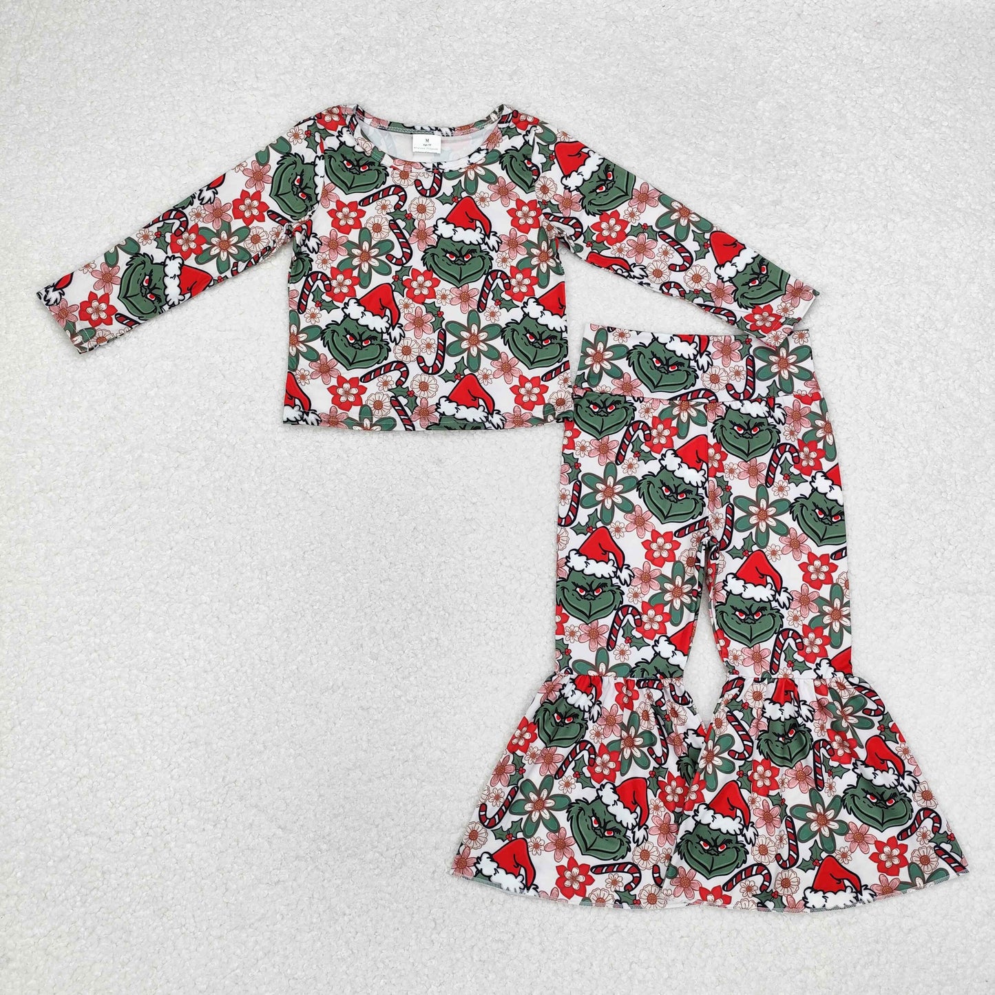 Custom moq 20 bamboo Christmas green face cane candy holly berry long sleeve pants girls set