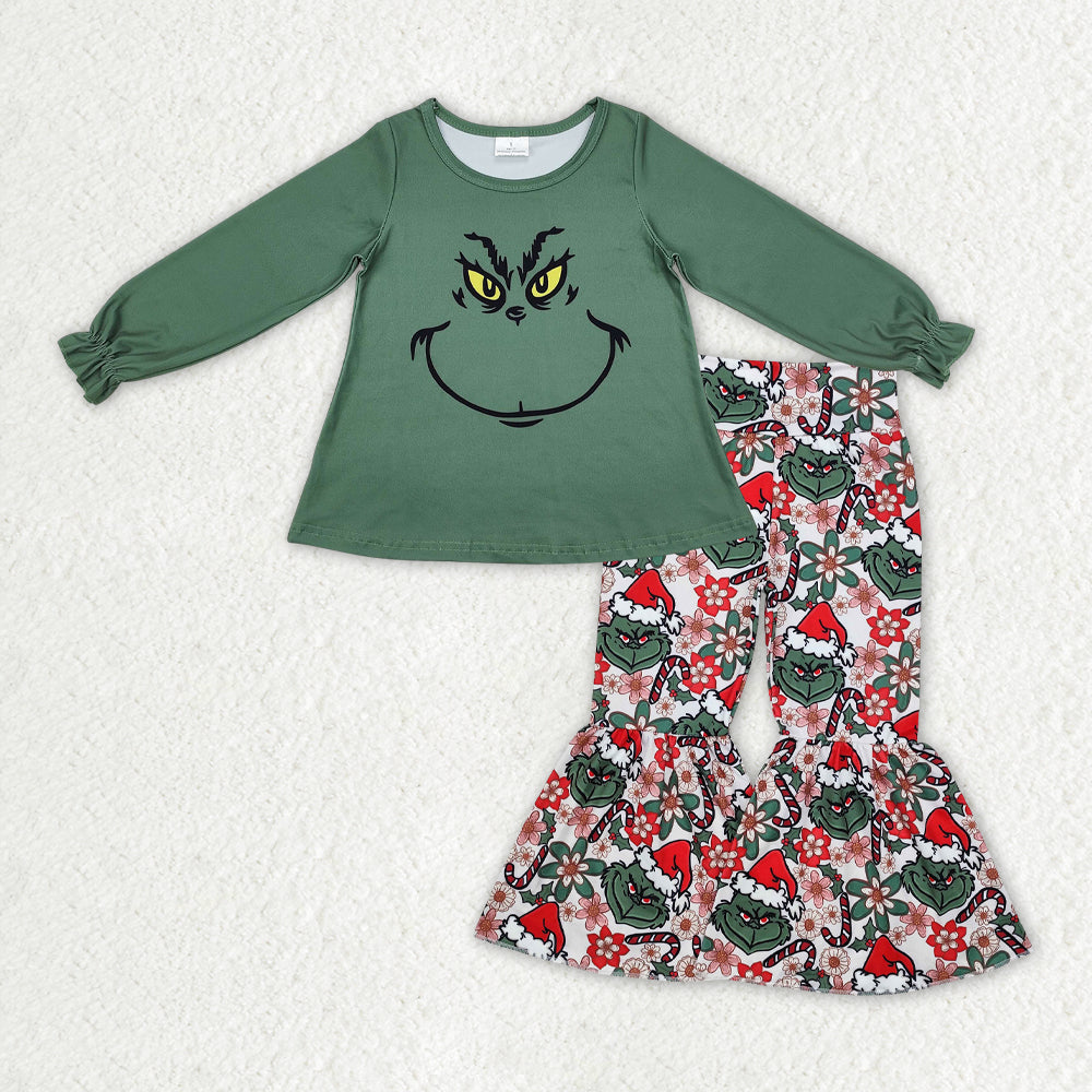 GLP2208 Christmas green face dark green long sleeve holly berry pants girls set