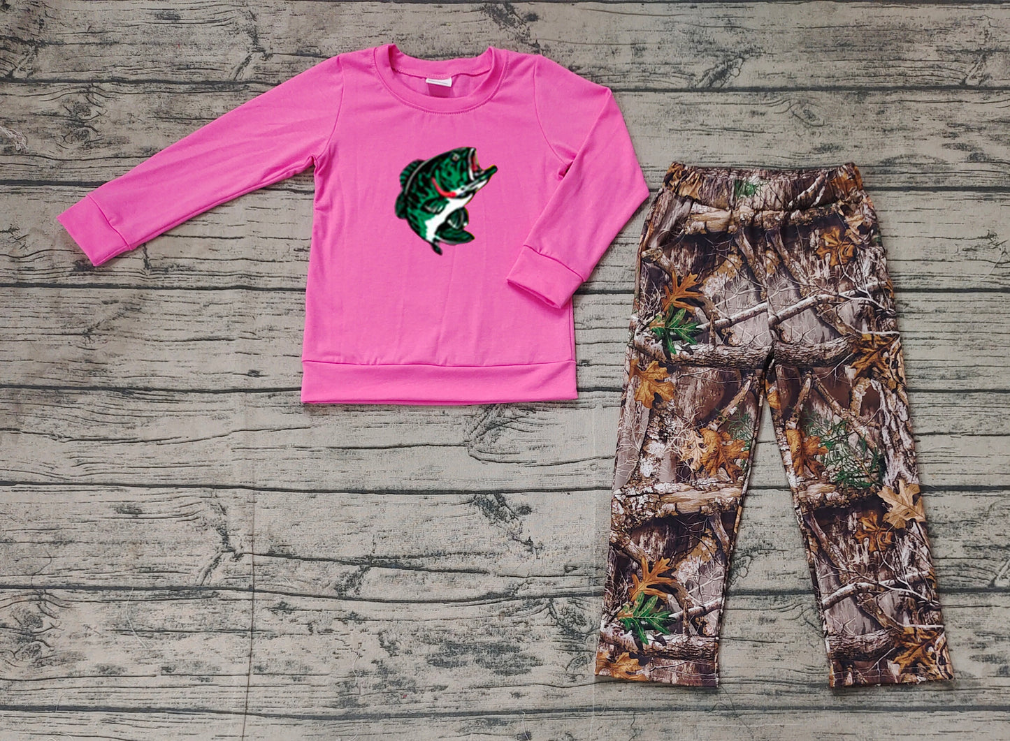 Preorder GLP2213 hunting fishing fish hot pink long sleeve branch brown pants girls set