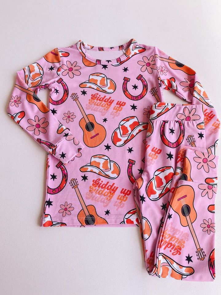 preorder GLP2217 Western guitar hat flowers pink long sleeve pants girls pajamas
