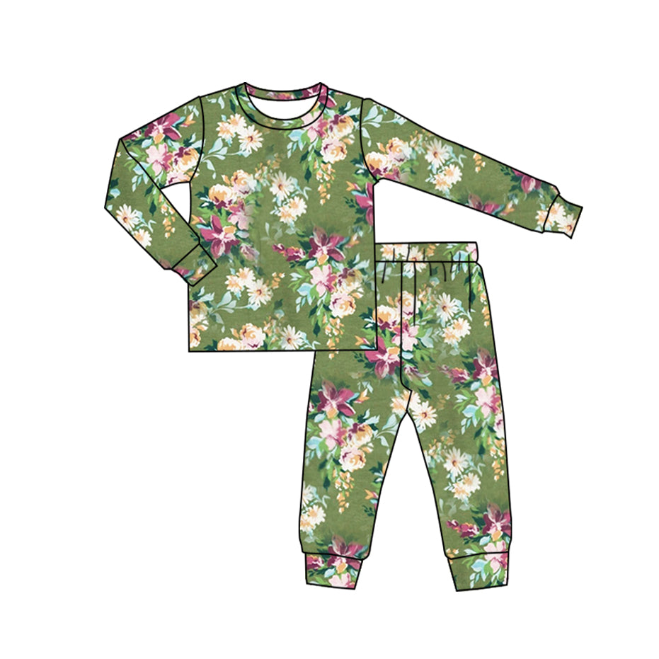 preorder GLP2221 watercolor flowers green long sleeve pants girls pajamas