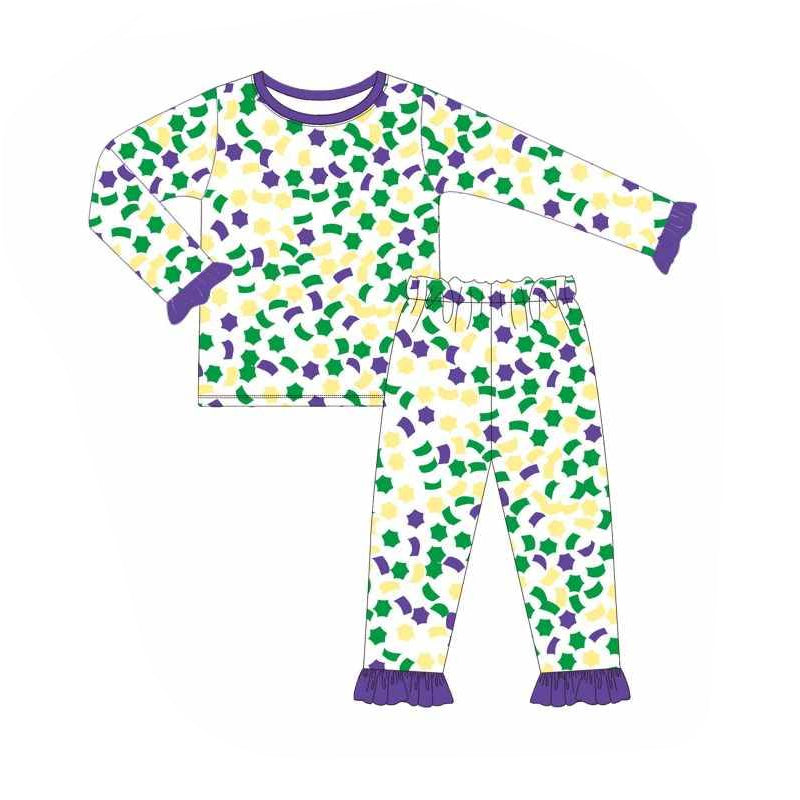 Preorder GLP2224 Mardi Gras green purple yellow long sleeve pants girls pajamas