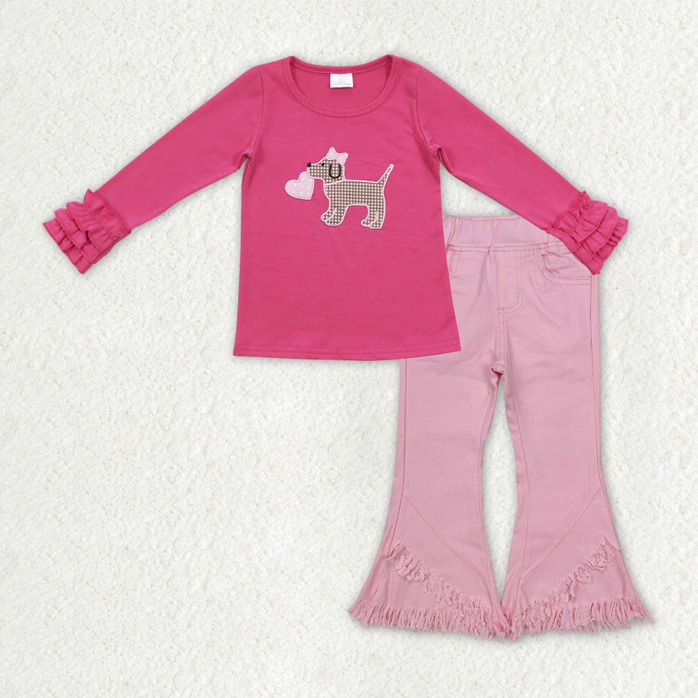 embroidery GLP2236 Valentine's Day dog heart hot pink long sleeve pink tassels jeans girls set