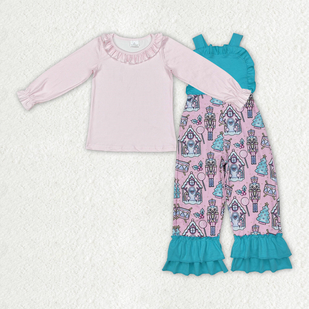 GLP2237 Christmas cartoon soldier blue jumpsuit pink long sleeve girls set