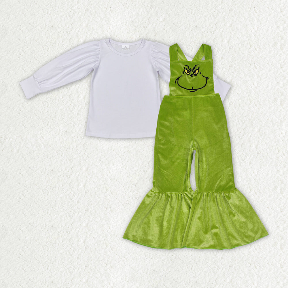 GLP2277 Christmas white long sleeve green face velvet jumpsuits 2pc girls set