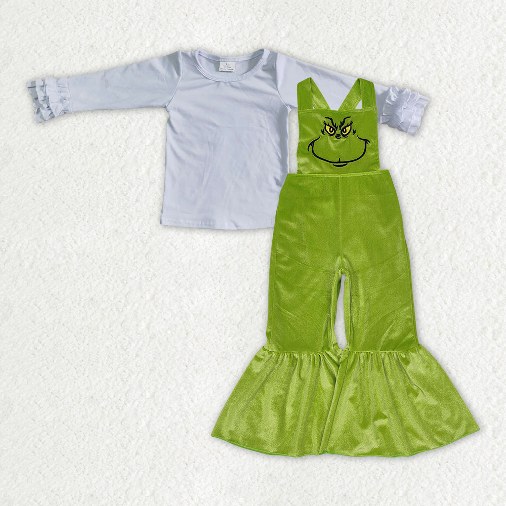 GLP2278 Christmas white ruffles long sleeve green face velvet jumpsuits 2pc girls set