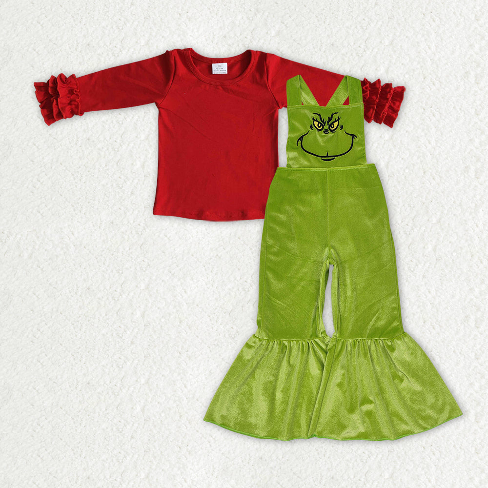 GLP2279 Christmas red ruffles long sleeve green face velvet jumpsuits 2pc girls set