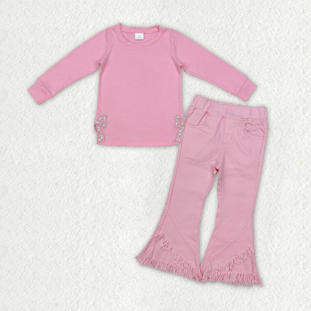 GLP2300 Embroidery Flowers Bow Pink Long Sleeve Pink Tassels Jeans Girls Set
