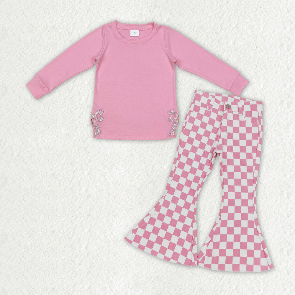 GLP2301 Embroidery Flowers Bow Pink Long Sleeve Pink Checkered Jeans Girls Set