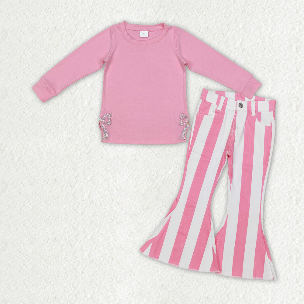 GLP2302 Embroidery Flowers Bow Pink Long Sleeve Pink Striped Jeans Girls Set