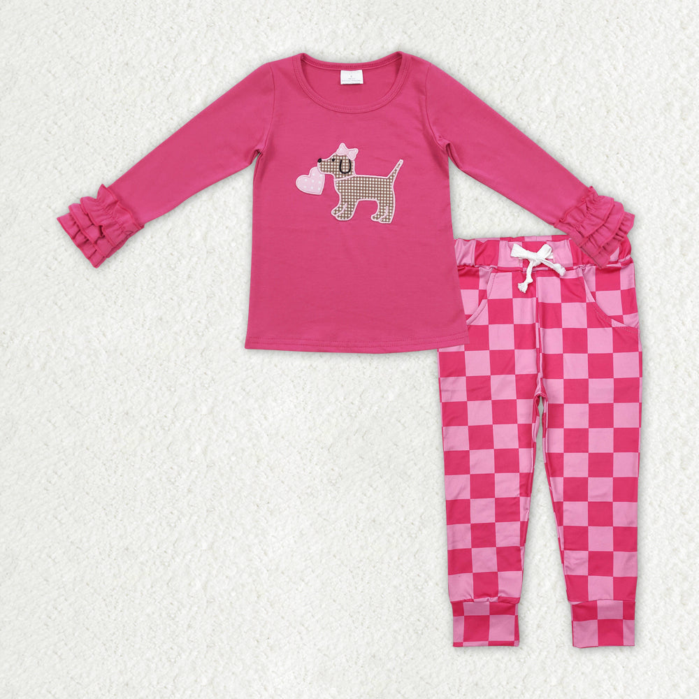 GLP2315 embroidery Valentine dog hot pink long sleeve checkered pants girls set