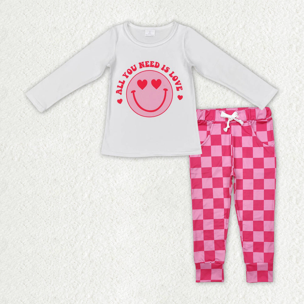 GLP2316 Valentine Love Smile Long Sleeve Hot Pink Checkered Pants Girls Set