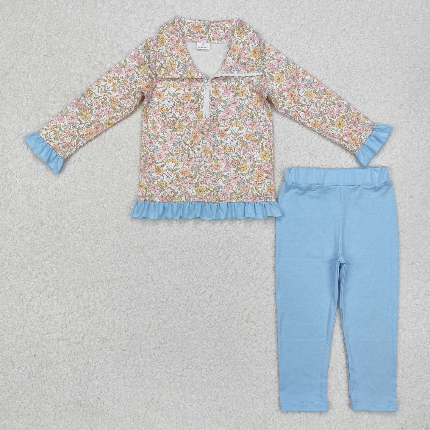 GLP2323 Colorful flowers zipper long sleeve blue pants girls set